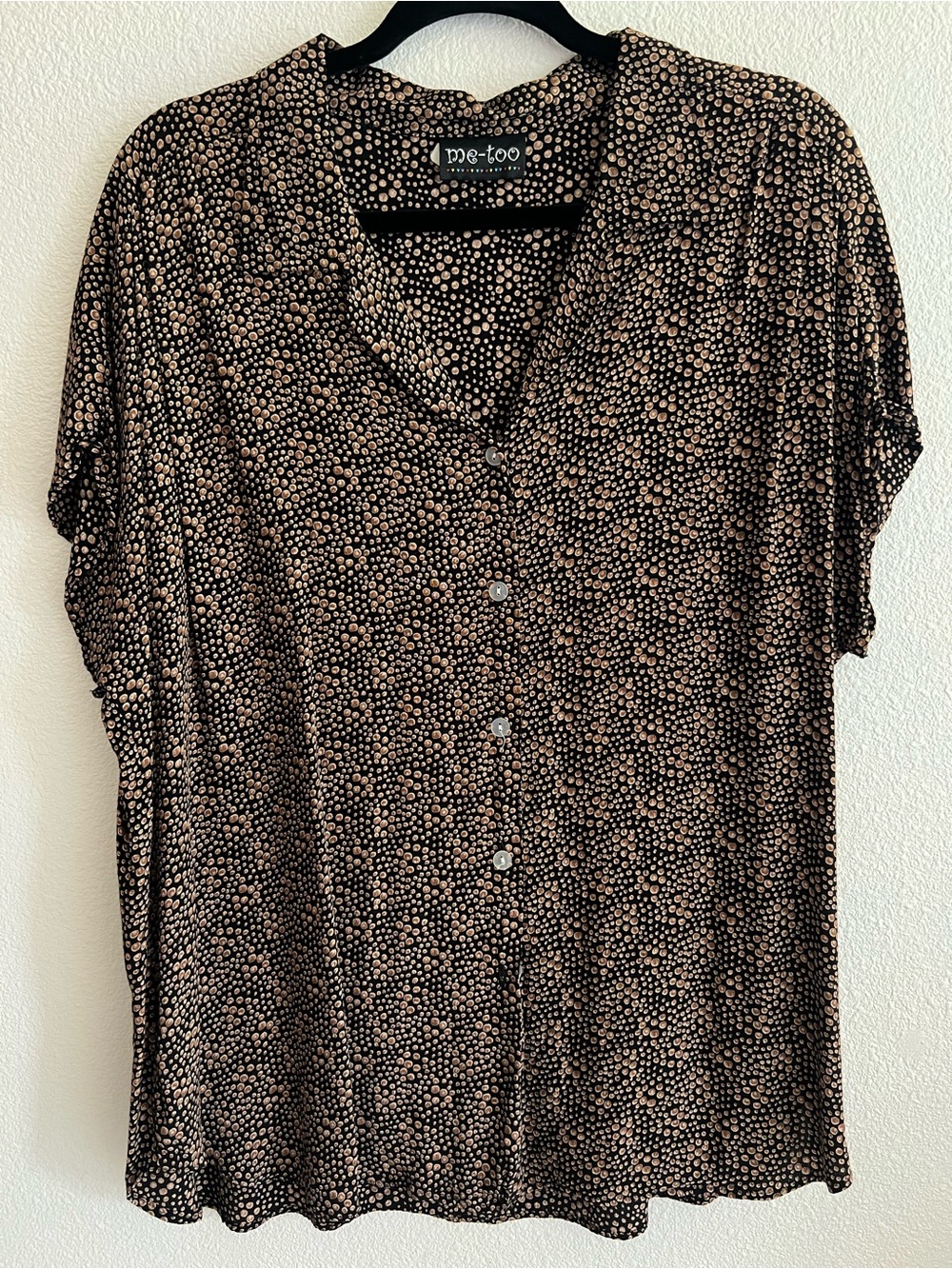 me too Black Top with Tan Polka Dot Print Button-Front